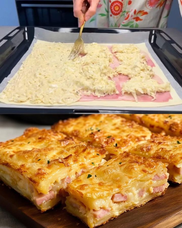 Pastel de hojaldre de jamón y patatas con queso 🥔🧀